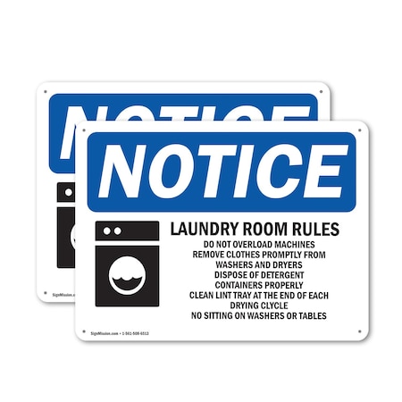Signmission Laundry Room Rules Do Not Overload, 24 in W x Rectangle, Aluminum OS-2PACK-NS-A-1824-L-13981